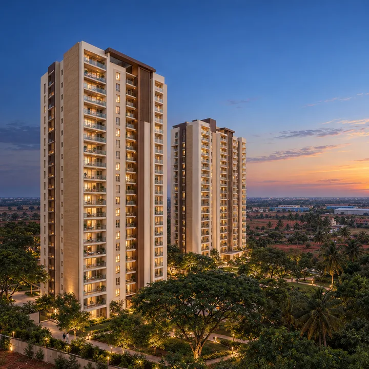 Urbanrise BK Halli residential towers lit at dusk, artist's impression Urbanrise BK Halli residential towers lit at dusk, artist's impression